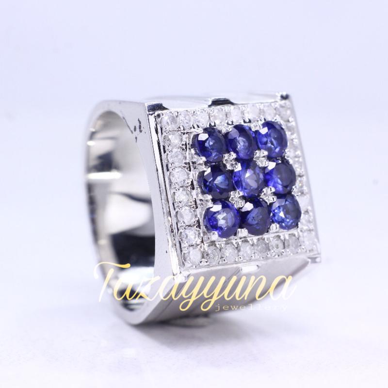 CINCIN PERAK PRIA BLUE SAFIR SAMPING NATURAL BERLIAN EROPA TJ024 1