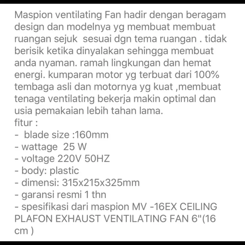 EXHAUST FAN MASPION MV 16EX MV16EX MV-16EX / KIPAS ANGIN PENGHISAP PLAFON MASPION CORONG 6 INCH 3
