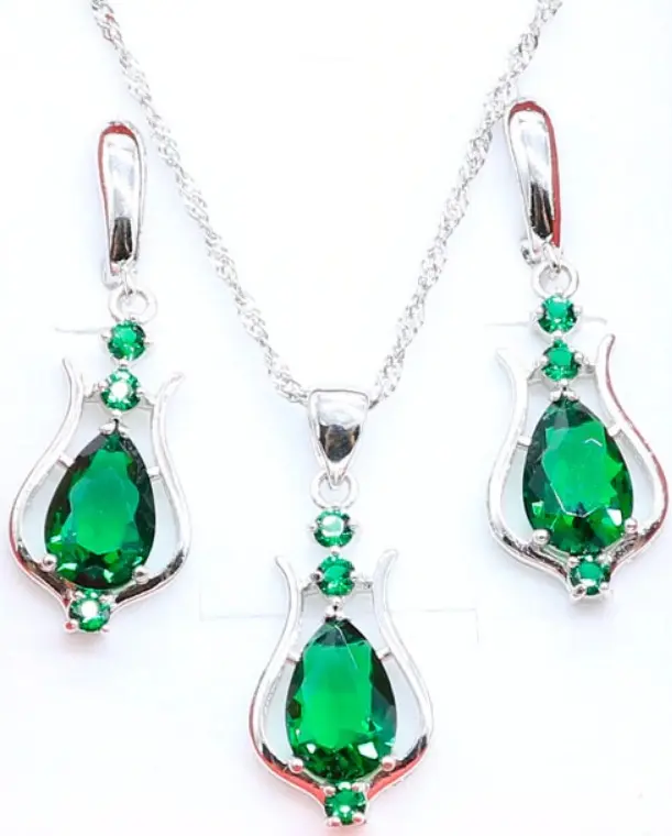 SET ANTING DAN KALUNG ASLI PERAK 925 BLUE SAFIR EMERALD ZIRCONIA