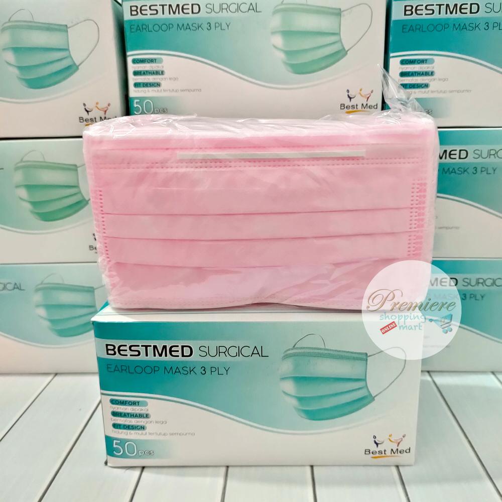 READY Masker Earloop BestMed warna PINK 3 Ply - Box isi 50 pcs