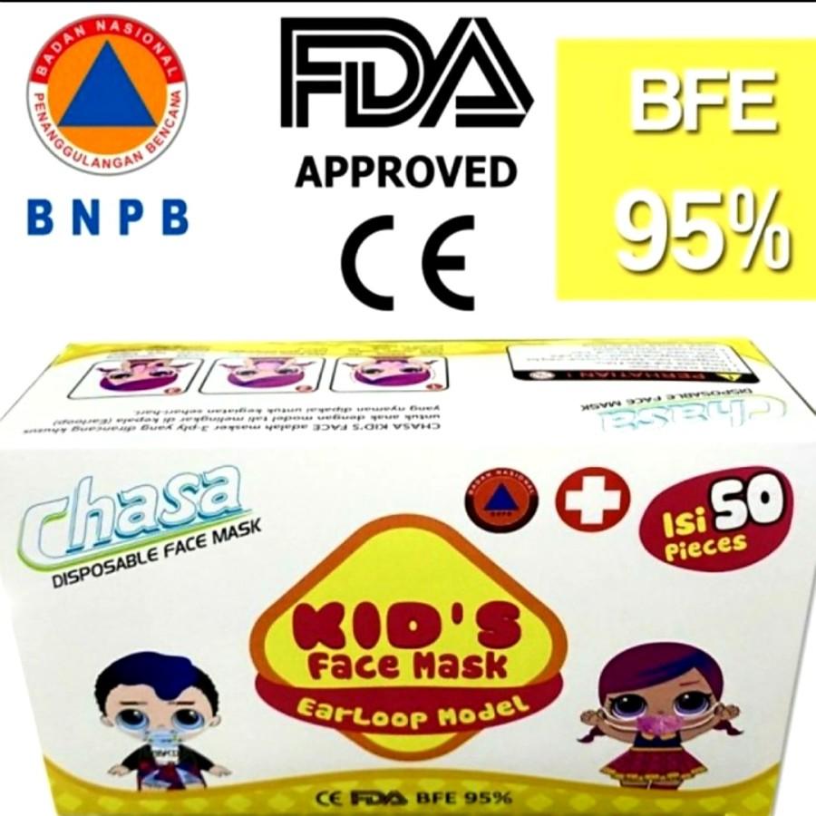 Masker ANAK ANAK 3 ply isi 50pcs Chasa Kids Face Mask Earloop Model - Putih