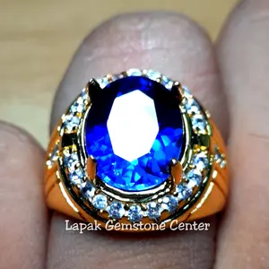 Cincin Batu Permata Blue Sapphire Asli Catam Top Kristal Mewah
