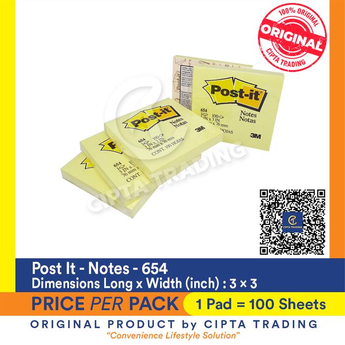 Gambar Post-it Notes 654, 3 in x 3 in, Canary Yellow (Per Pad of 100 Pieces) dari Cipta Trading Kota Administrasi Jakarta Barat Tokopedia