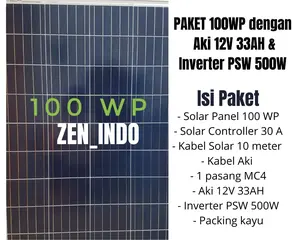 Paket Hemat Solar Panel 100WP, Aki 12 v 33 Ah dan Inverter PSW 500W