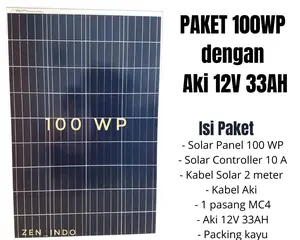 Paket Hemat Solar Panel 100WP + Aki 12 V 33 ah + Packing kayu