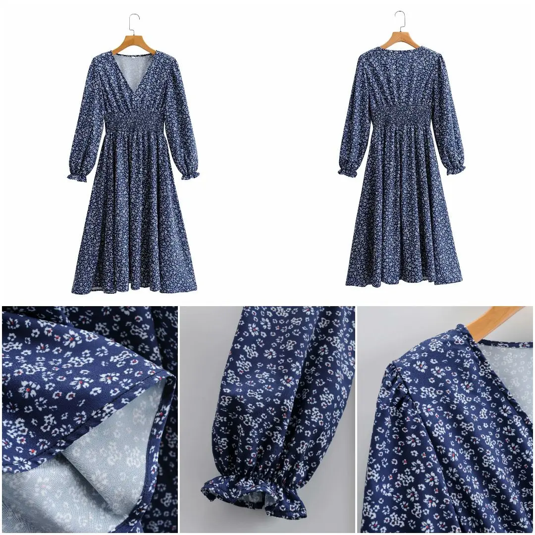 LONG DRESS PANTAI WANITA V NECK BIRU MODEL PUFF MOTIF BUNGA IMPORT PRE
