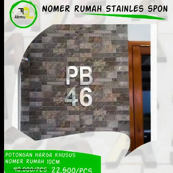 Nomer Rumah Huruf Timbul A-Z / 0-9 Stainless steel-Spons Ukuran 10 Cm