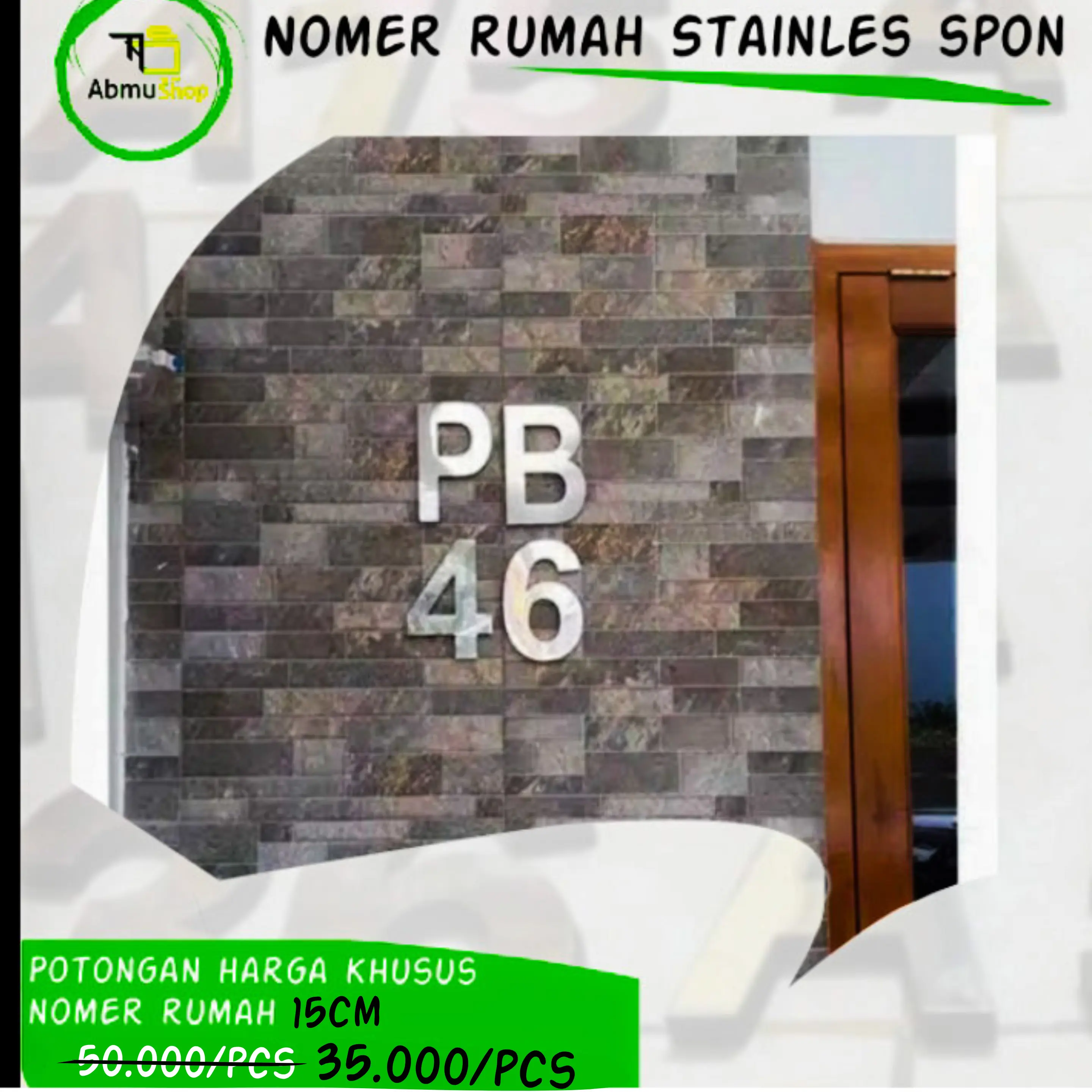 Nomer Rumah Huruf Timbul A-Z / 0-9 Stainless steel-Spons Ukuran 15 Cm