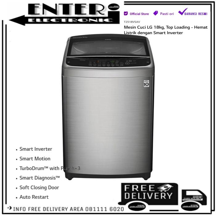 Gambar LG T2518VSAV - MESIN CUCI 1 TABUNG LG SMART INVERTER 18 KG T2518 VSAV dari Enter Electronic Kota Tangerang Selatan Tokopedia