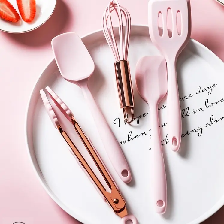 Set Baking Cooking Tools 5 Pcs Import Food Grade Silicone Safe Non Toxic Tidak Lengket Tahan Suhu -40 hingga 230°C Mudah Dibersihkan Warna Dark Grey dan Pink - Kitchenware, Gambar