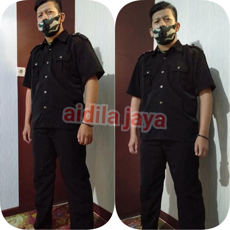 Seragam safari security hitam dan biru lengan pendek 0