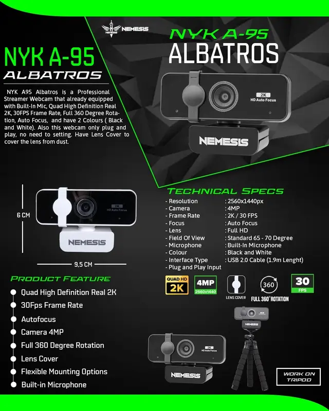 NYK A95 Albatros Quad HD Gaming Webcam Autofocus Professional 0