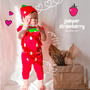 Ermon Baby - Jumper Bayi Laki Laki Perempuan Jumper Baby Cowok Cewek Lucu Karakter Buah Strawberry + Topi Usia 0 - 12 Bulan