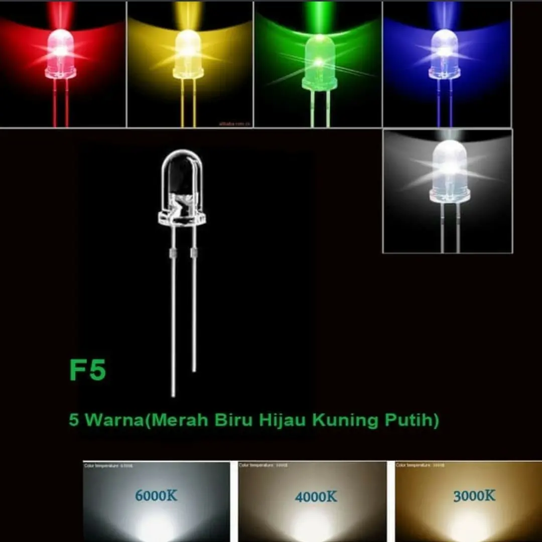 Led 5mm Kaca Bening Transparan Nyala warna merah/hijau/biru/kuning/putih (Per 1 PCS)