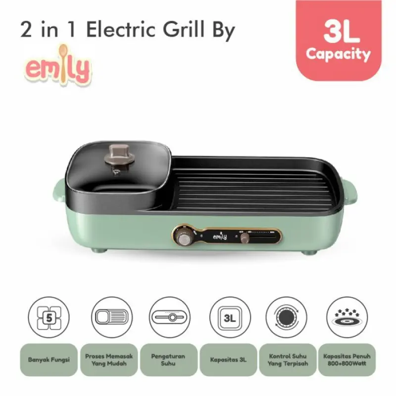 Emily 2 in 1 Electric Grill Griller & Hot Pot (EHP-11201) - 3 Liter