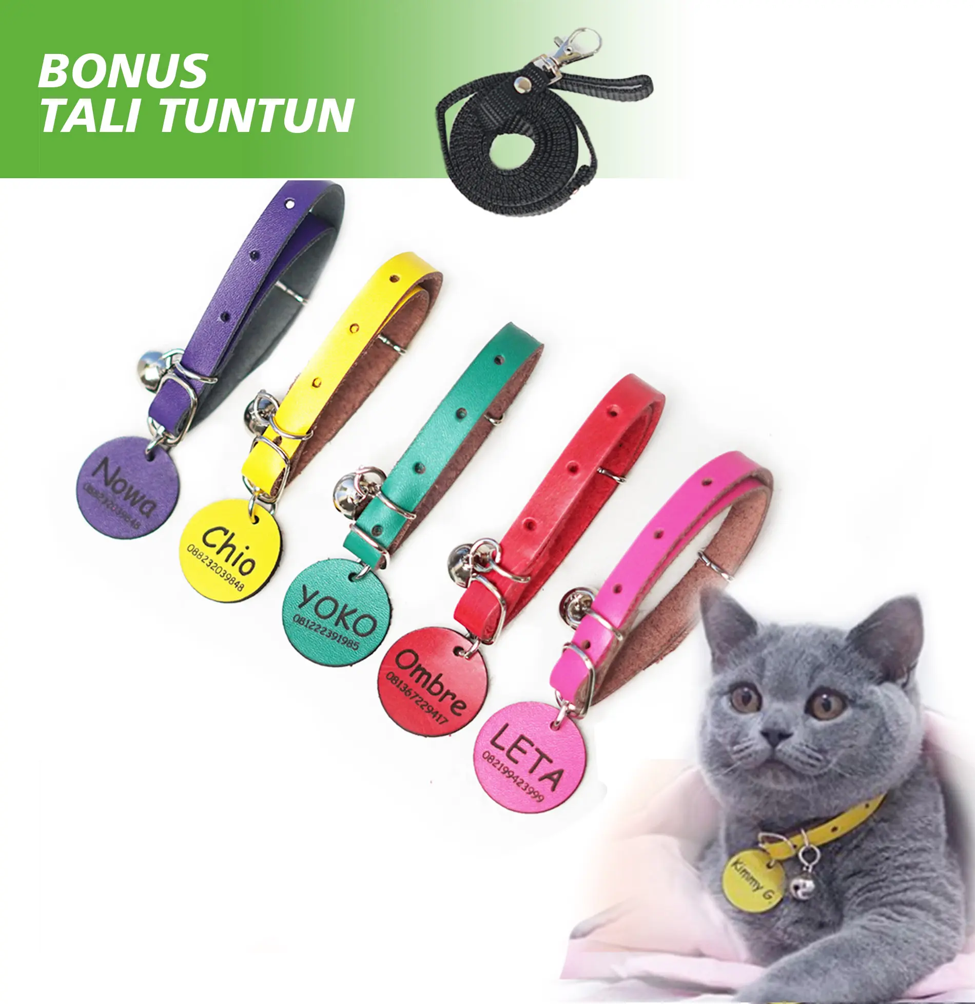 kalung kucing kulit lonceng perak