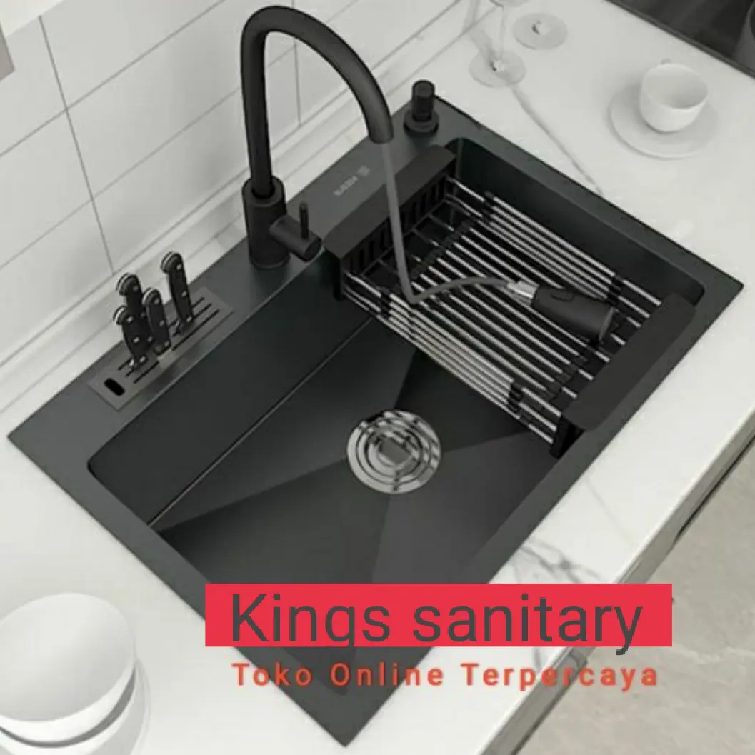 Kitchen sink 7545 hitam paket kran tarik panas dingin model bolzano