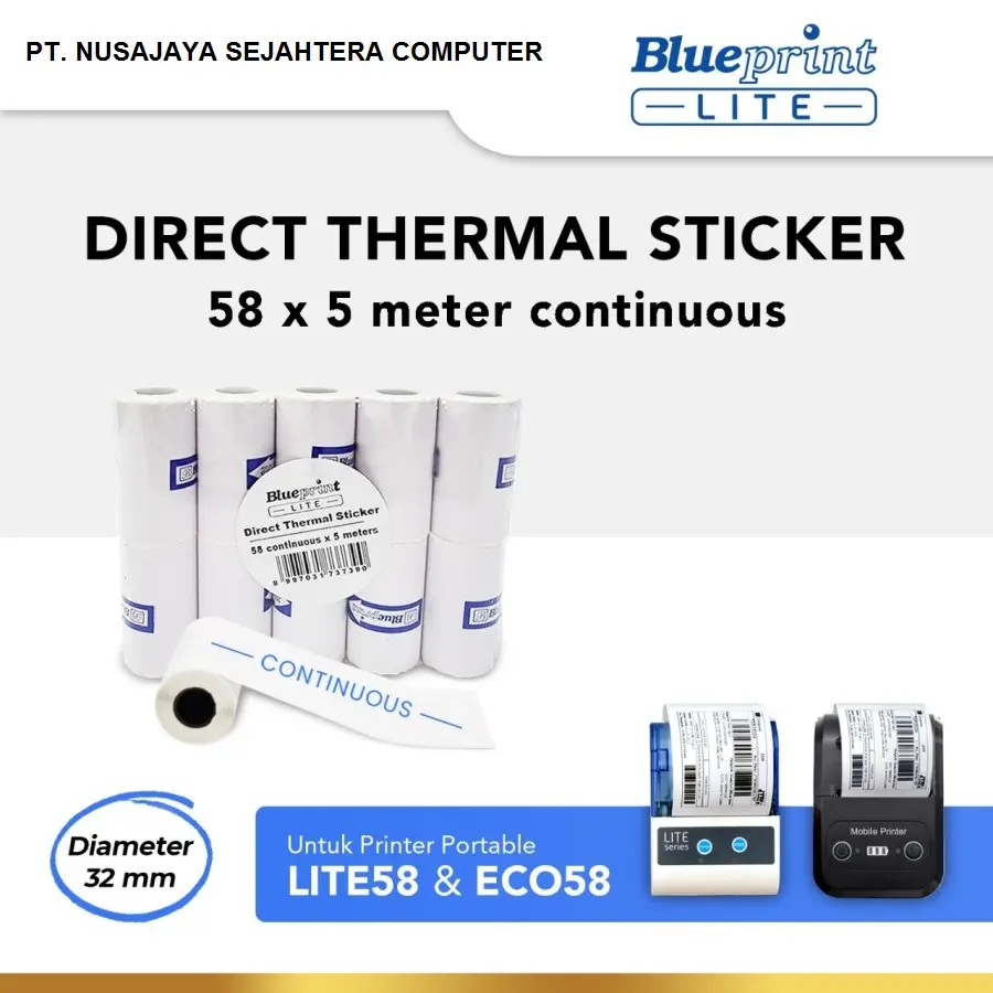 Direct Thermal Sticker Label BLUEPRINT 58x5 Meter Continuous LITE