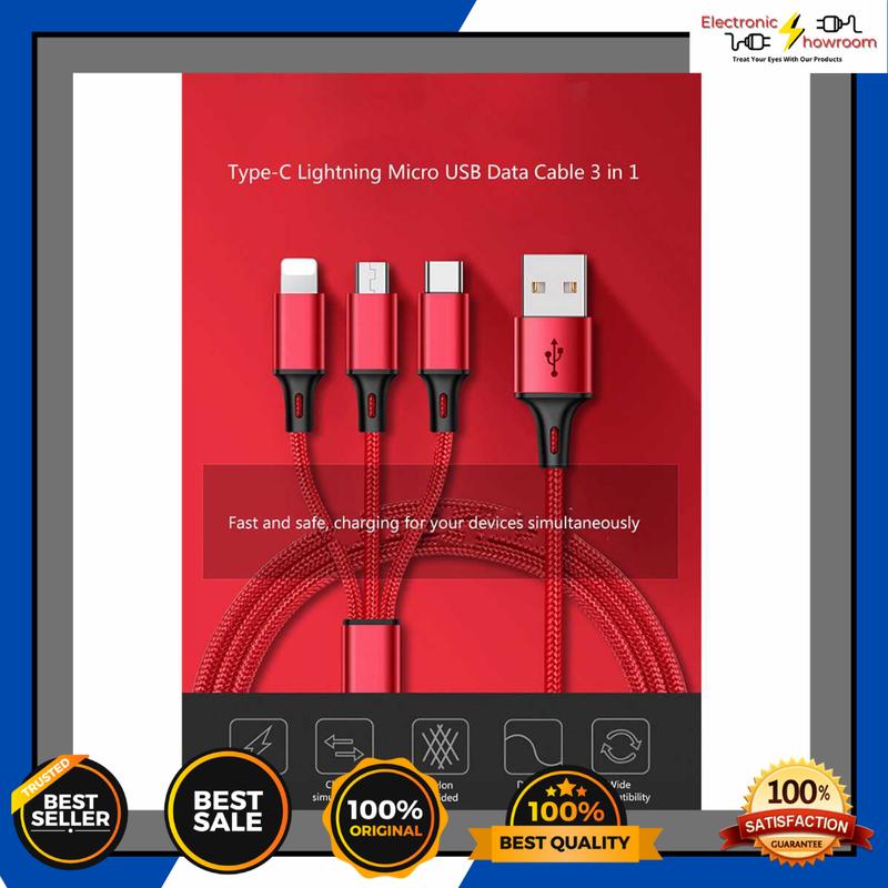 Kabel Charger 3in1 Micro USB + Lightning + USB Type C 1.2 Meter 3