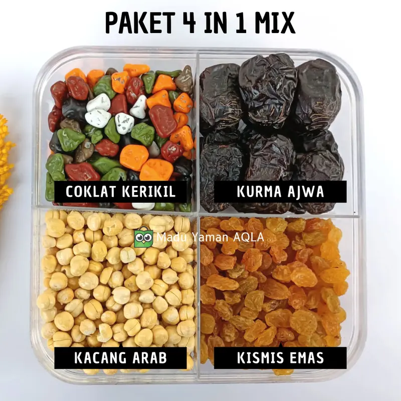 PAKET 4 IN 1 MIX -KURMA AJWA, COKLAT KERIKIL, KACANG ARAB, KISMIS EMAS 0