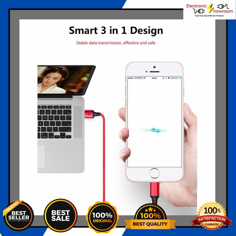 Kabel Charger 3in1 Micro USB + Lightning + USB Type C 1.2 Meter 1