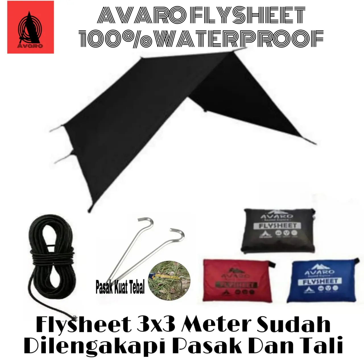 AVARO - Flysheet Waterproof 3x3m sudah dilengkapi pasak + tali