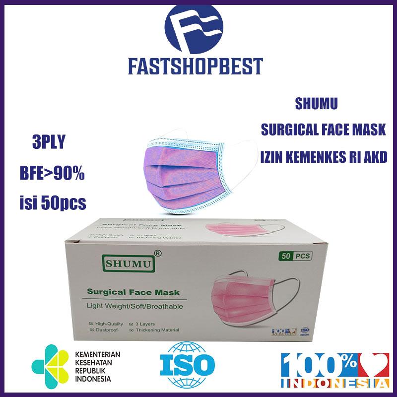 SHUMU Masker 3ply warna PINK surgical face mask isi 50pcs