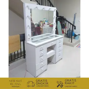 Meja rias vanity mirror terang besar 10 + 1 laci bahan blockboard