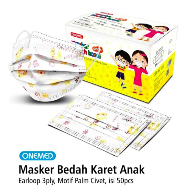 Masker Medis Karet Anak Motif Panda Meow Putih Kartun Palm Civet OneMed Box Isi 50Pcs - ANAK_putih