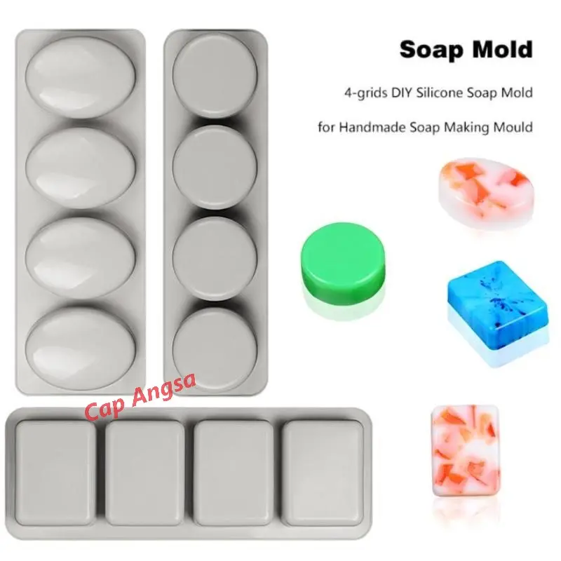 [CAP ANGSA] Cetakan Sabun Batang Silicone 4 Cavity | Soap Mold Round/Square/Oval | Bisa untuk recycle sabun bekas (leleh & cetak ulang) | Silikon fleksibel anti lengket mudah lepas & cuci | Tahan suhu -40~230°C | Untuk DIY sabun mandi/aroma