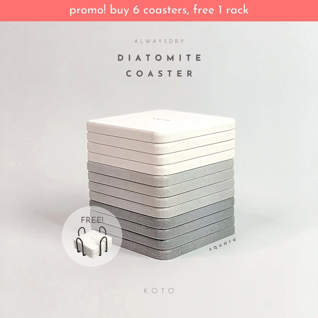 KOTO AlwaysDry Diatomite Coaster / Tatakan Gelas - Square