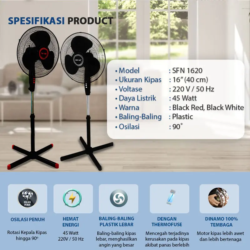 SEKAI SFN-1620 Stand Fan 16 Inch Kipas Angin  Listrik Berdiri Tumpu Hemat Listrik Bergaransi 4