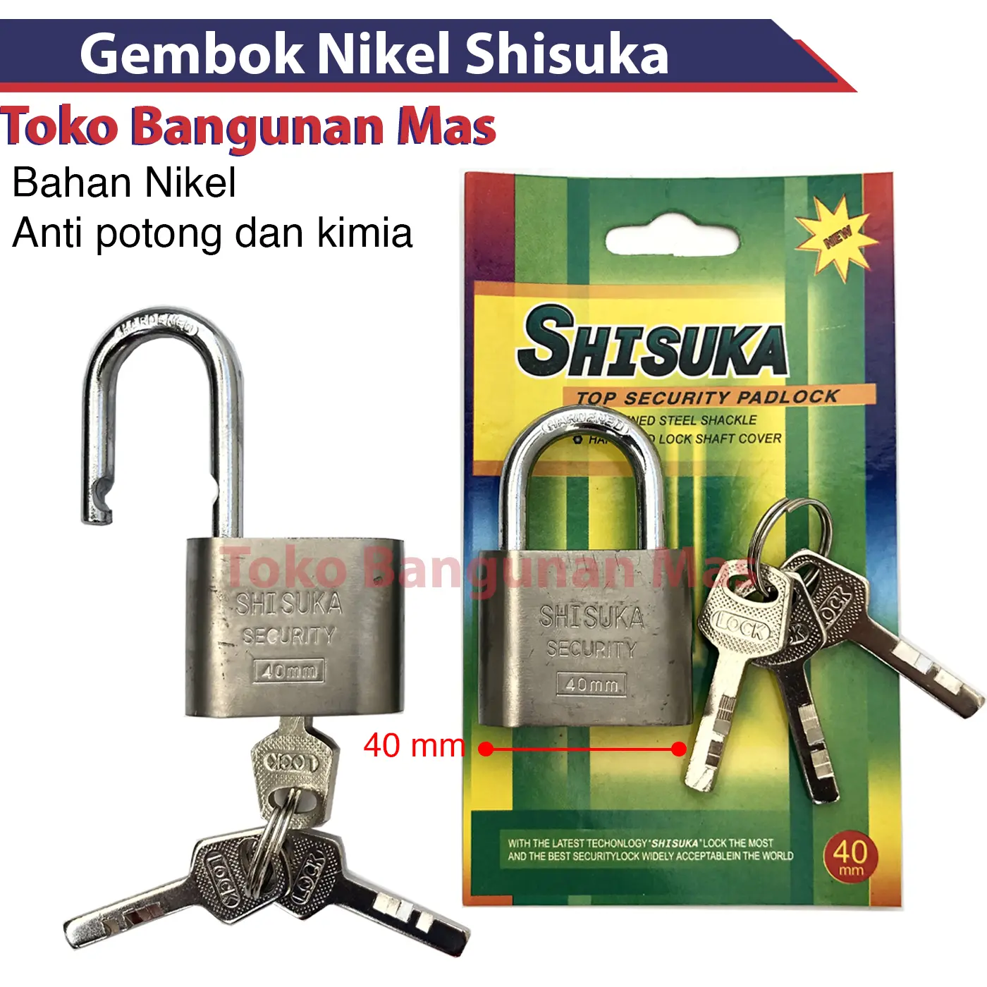 Gembok Nikel Shisuka 40mm Leher Pendek SHISUKA Berkualitas anti potong
