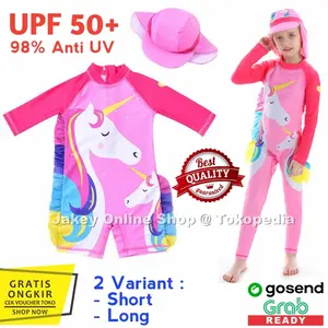 Baju Renang Anak Cewek Perempuan Usia 2-7 Motif UNICORN PINK + TOPI