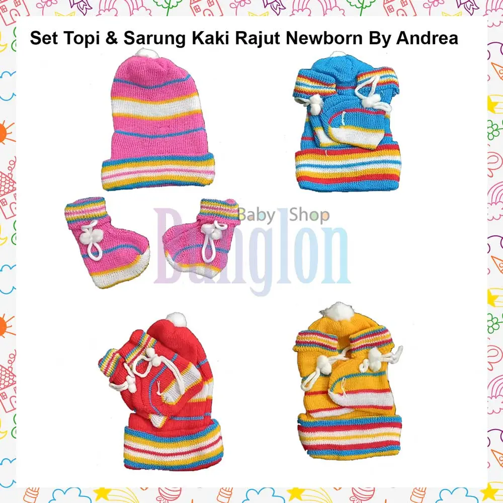 Topi Bayi Perempuan Laki Set Rajut + Sarung Kaki Lucu Newborn Nyaman