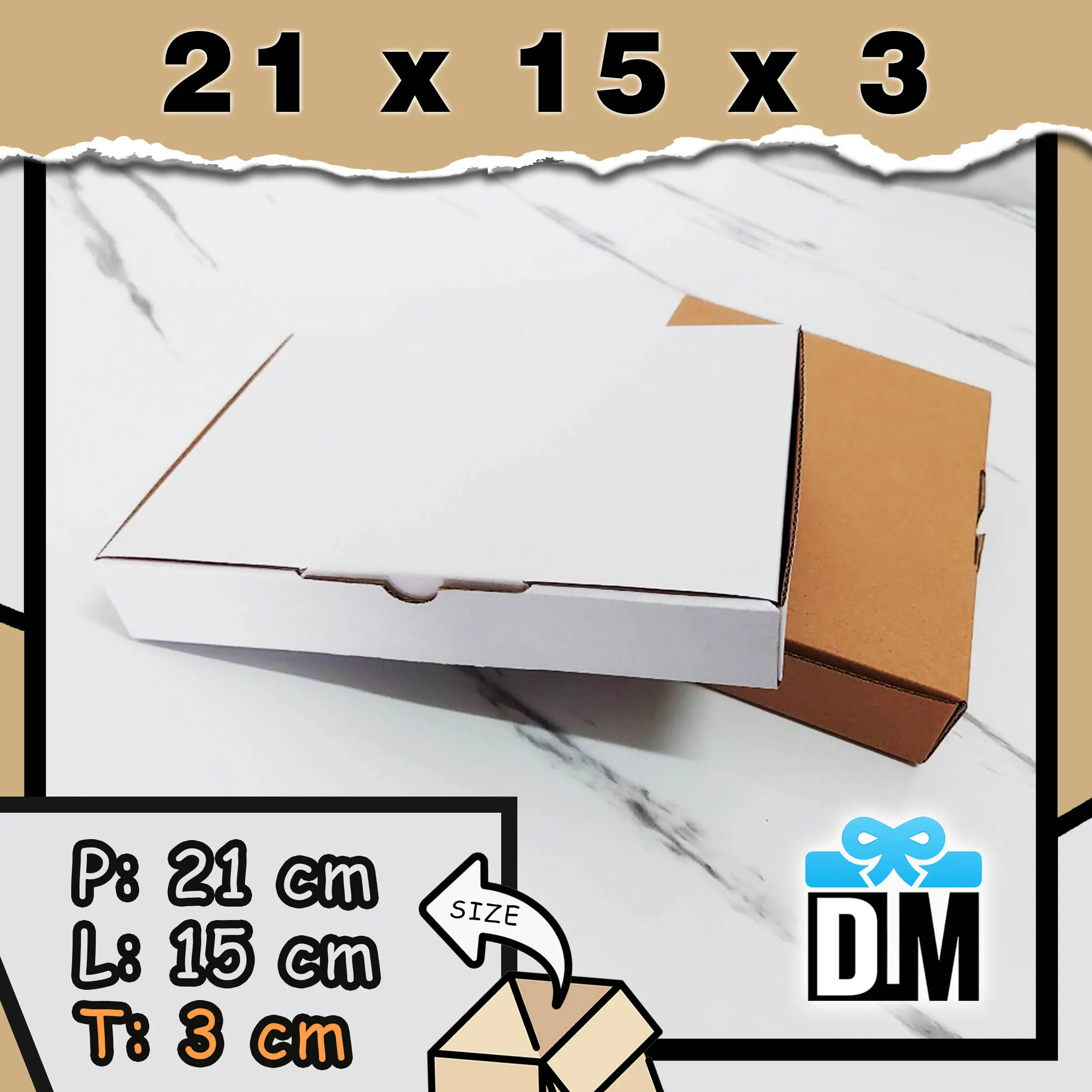 Kardus 21 x 15 x 3 cm Dus Box 21x15x3 cm Kotak Packing Putih Coklat