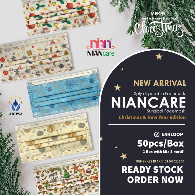 Masker Medis Dewasa Earloop Nian Mix 5 Motif Natal/Christmas 50 Pcs