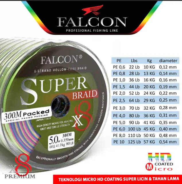 senar PE x8 Falcon Super Braid 300 meter connecting Ikan Laut 0