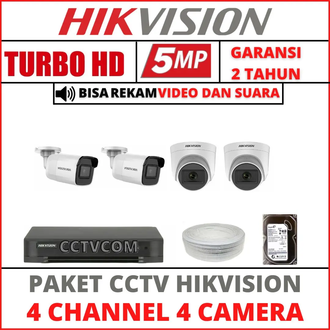 PAKET CCTV HIKVISION 5MP 4 CHANNEL 4 CAMERA TURBO HD KAMERA CCTV