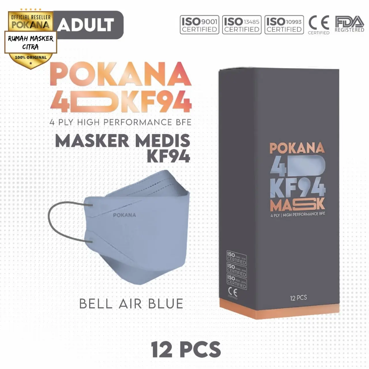 Masker Medis Pokana 4D KF94 Solid Colour 4 Ply