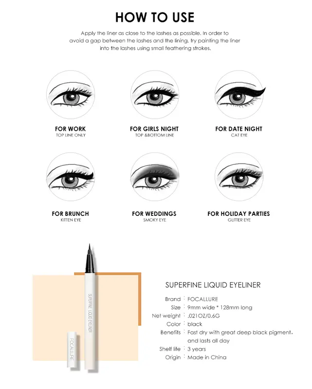 FOCALLURE waterproof eyeliner 24 hours smooth black liquid FA91 3