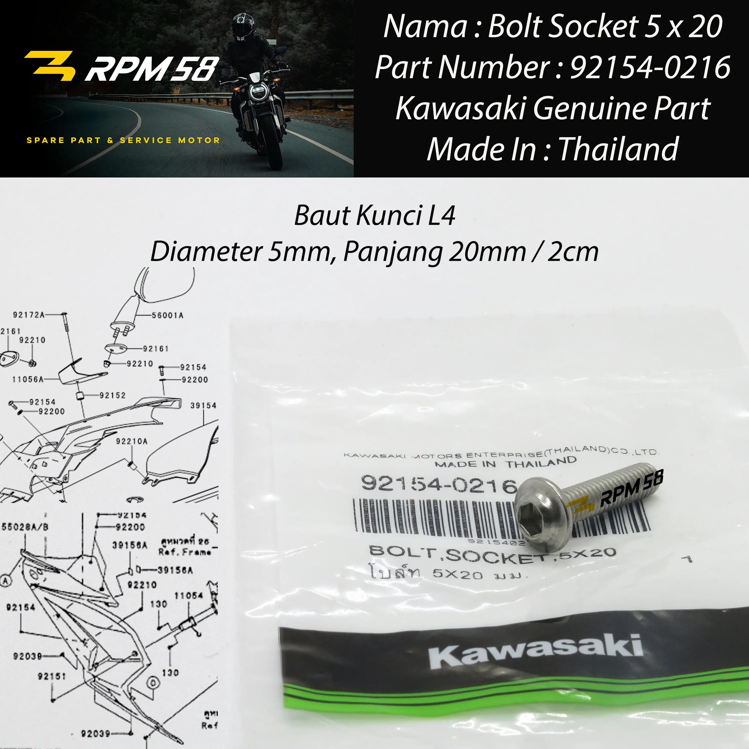 baut fairing kecil 5mm / baut 8 2cm kunci L ninja 250 ori 92154-0216