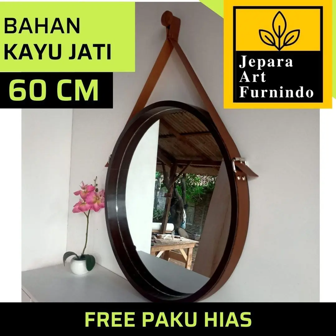 CERMIN HIAS GANTUNG DINDING NATURAL HIAS BULAT JATI FREE PAKU HIAS