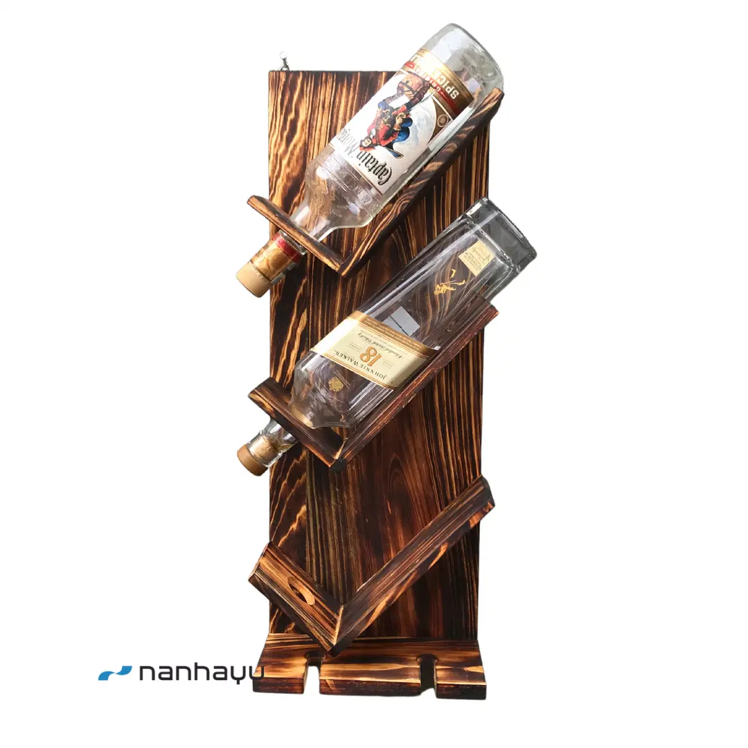 Wooden wine rack, rak wine tempel dinding finishing bakar - 3b2g