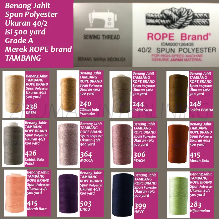 Benang Jahit Merek TAMBANG ROPE BRAND 40/2 SpunPoly 500yard ORIGINAL