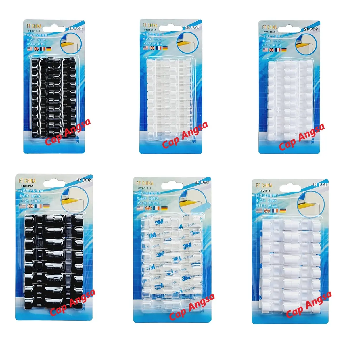 [CAP ANGSA] Cable Clip Organizer Self Stick 1 Pack | Klip Klem Penjepit Kabel Meja/Dinding | Perekat kuat tidak merusak, rapihin kabel anti kusut | Size S max kabel 7mm (20pcs) / L max 10mm (16pcs) | ABS | Warna Black/Transparent/White | Blister