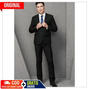 SETELAN JAS KANTOR FORMAL PRIA SLIMFIT SUPER JETBLACK CASUAL STYLE2IN1 Blazer Slimfit Hitam Celana Slimfit 27-36 Cocok untuk Acara Formal & Semi Formal