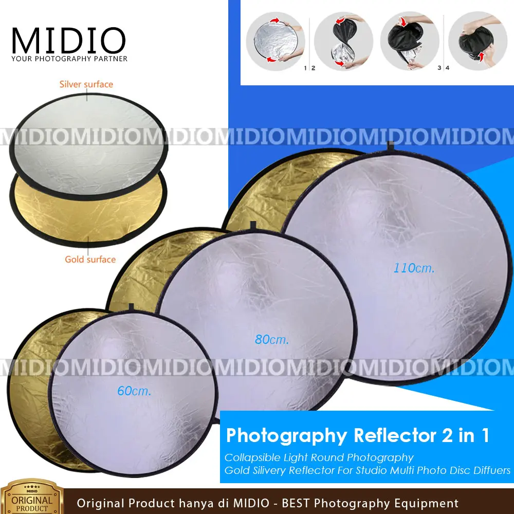 Reflektor Cahaya Fotografi Studio 2in1 Midio Silver dan Gold Holder dengan Handle - Camera - Tripod