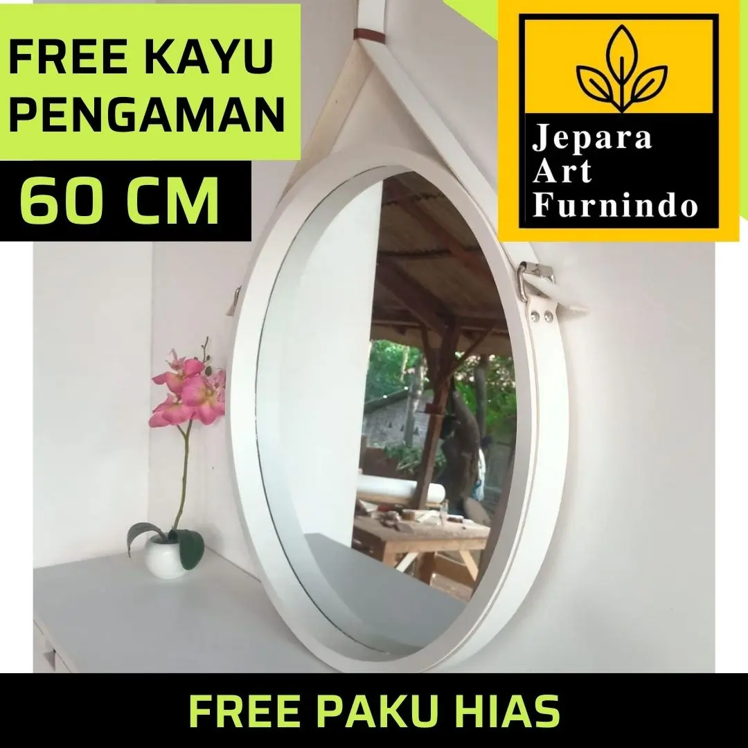 CERMIN HIAS GANTUNG DINDING NATURAL HIAS BULAT FREE PAKU HIAS