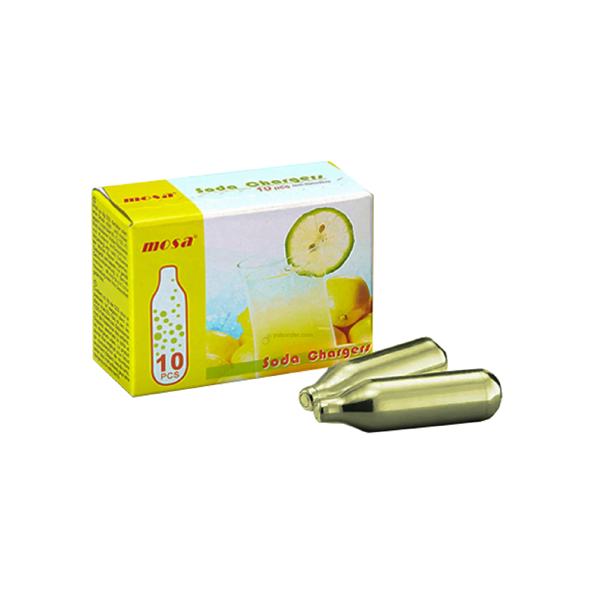 Mosa CO2 Soda Charger 10 Pcs - Praktis untuk Instant Soda Maker 100% Original dari Taiwan Berat 8gr Murni Box isi 10 Pcs - Gas